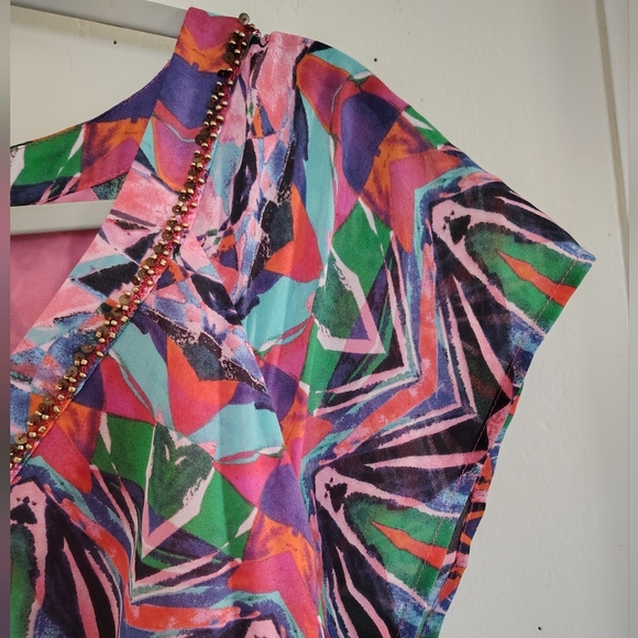 Anthropologie Vanessa Virginia Pink Tiered Boho Beaded Ruffle Mural Maxi Dress 8 - Picture 6 of 9